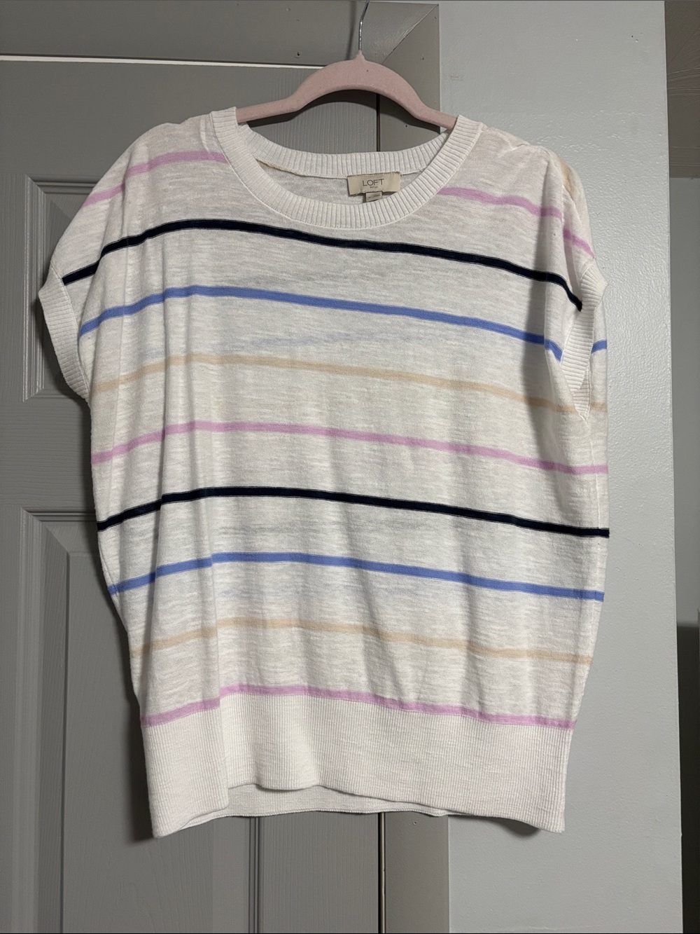 LOFT White Short Sleeve Sweater with Pastel Stripes